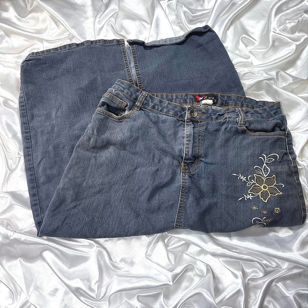 y2k embroidered Denim Maxi Skirt Dark Wash Floral Boho Zzvet 13/14